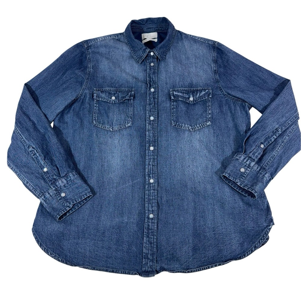 J Crew Slim-Fit Chambray Shirt Womans Sz 14 Western Pearl Snap Cotton Rodeo Boho - Picture 4 of 13